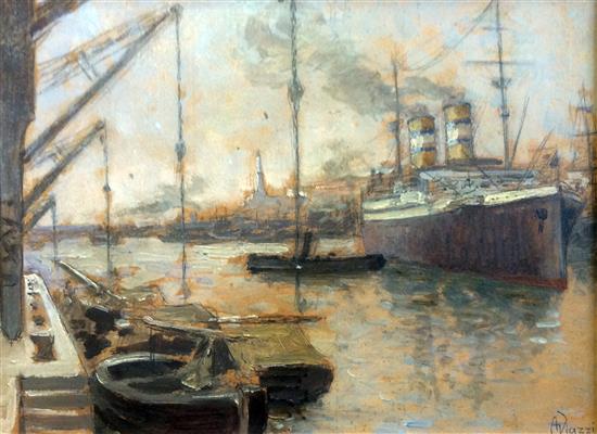 § Alessandro Viazzi (1872-1956), oil on board, Port scene with shipping